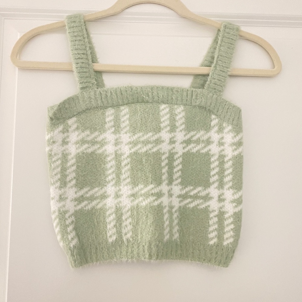 KENDALL + KYLIE x PACSUN plaid fuzzy crop camisole tank - green XS